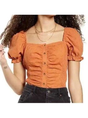 Rust Orange Puff Sleeve Square Neck Top